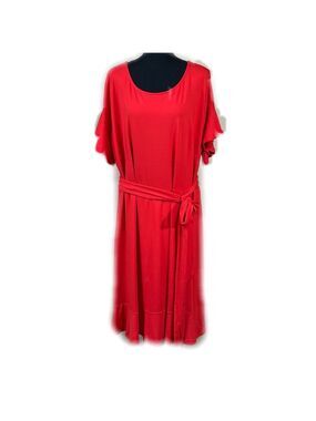 Loft Plus Red Flutter Sleeve Tie Belt Flowy Midi Dress Size 24